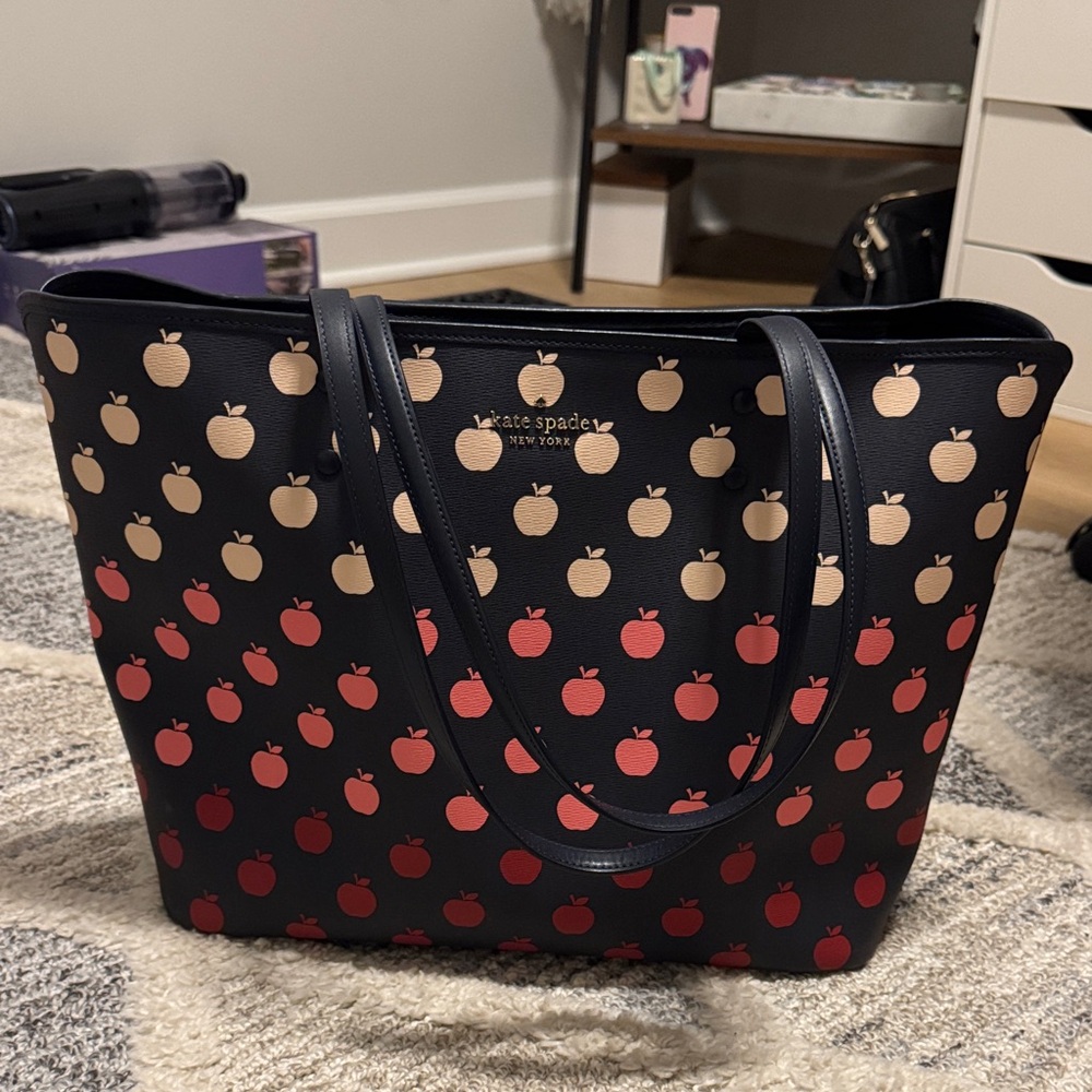Kate Spade Navy Tote with Red and Cream Apples